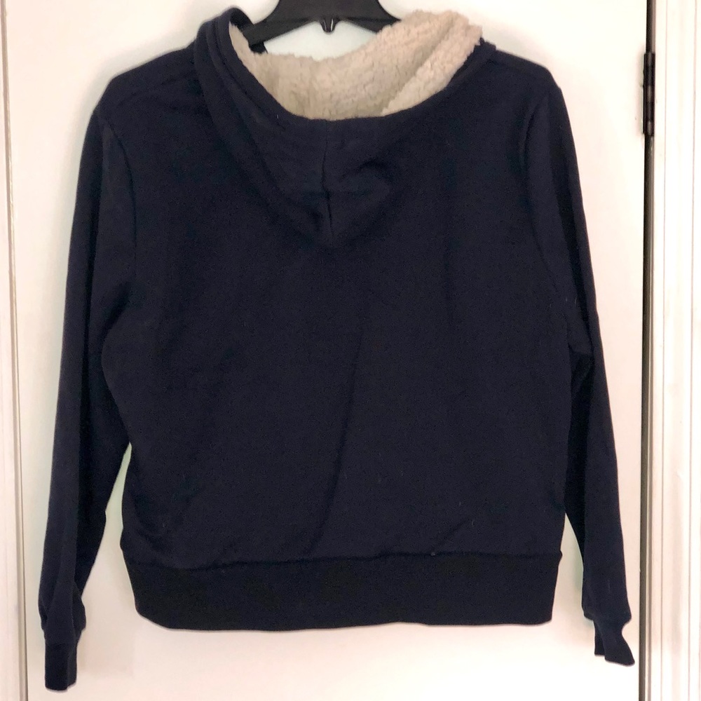 Navy blue zip-up hoodie sweatshirt with faux sheepskin lined hood. NWOT - Picture 3 of 3